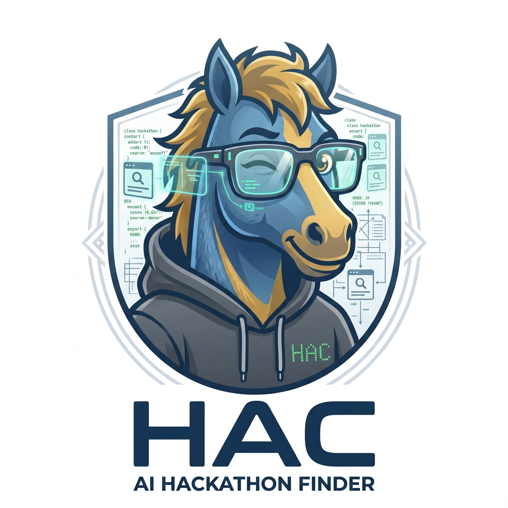 HAC — AI Hackathon Finder mascot: a tech-savvy horse wearing glasses and a hoodie